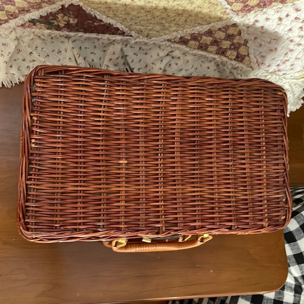Woven Rattan Storage Basket with Leather-Look Handle - Brown